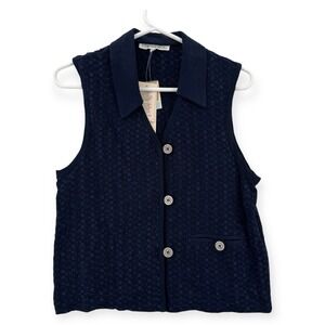 Vintage Cynthia Max Crochet Vest Top Womens Small Navy Knit Button Up USA NEW